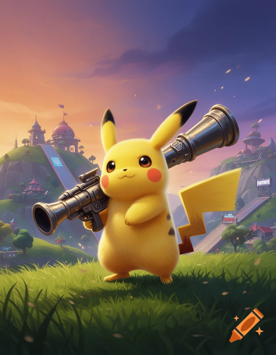 A cute, fluffy Pikachu stands on a green hill, holding a large bazooka, in a colorful Fortnite-style landscape.