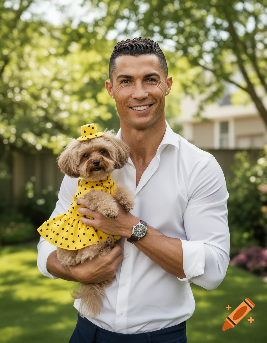 Cristiano Ronaldo smiles while holding a small brown dog wearing a yellow polka-dot dress and hat in a sunny garden.