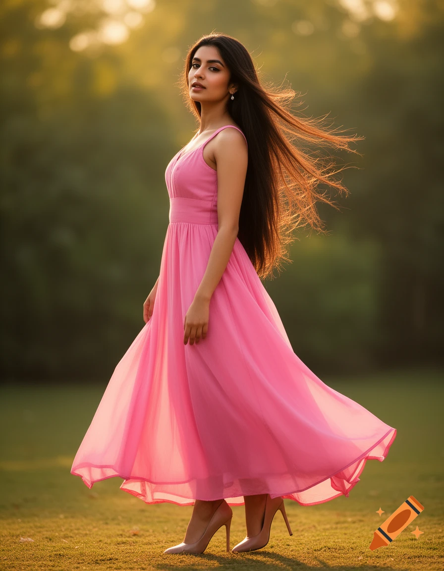 A photorealistic image of a woman with long dark hair in a pink dress and high heels, standing in a grassy field at sunset.
