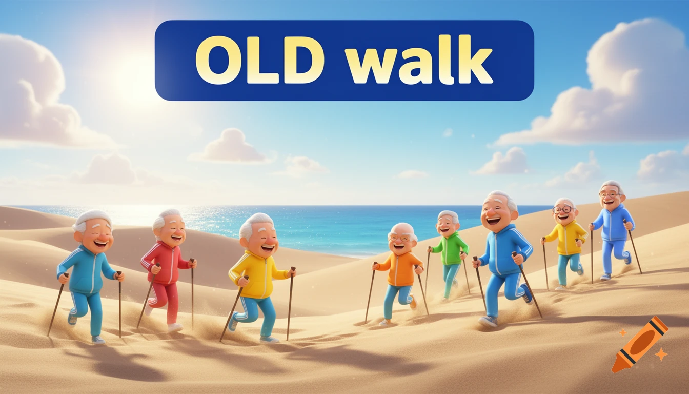 Vibrant 3D cartoon of happy elderly athletes hiking on sand dunes by the sea under a sunny sky, with "OLD walk" text.