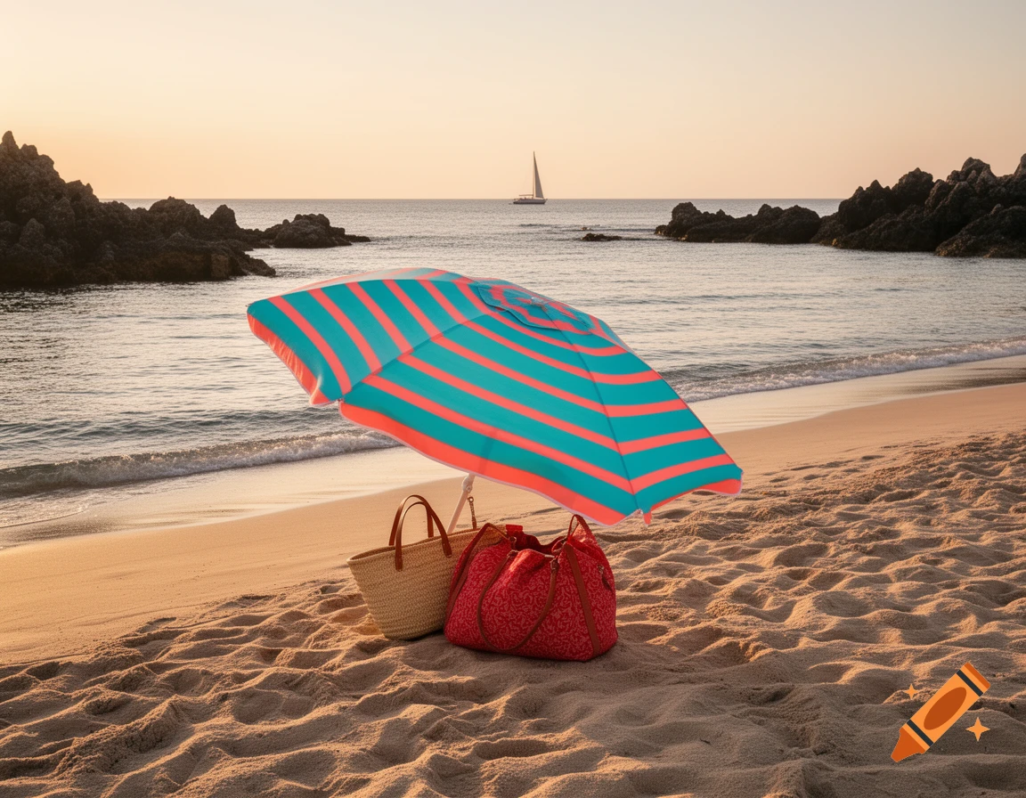 A vibrant striped beach umbrella and two bags on a sandy beach at sunset, with rocks and a sailboat in the distance.