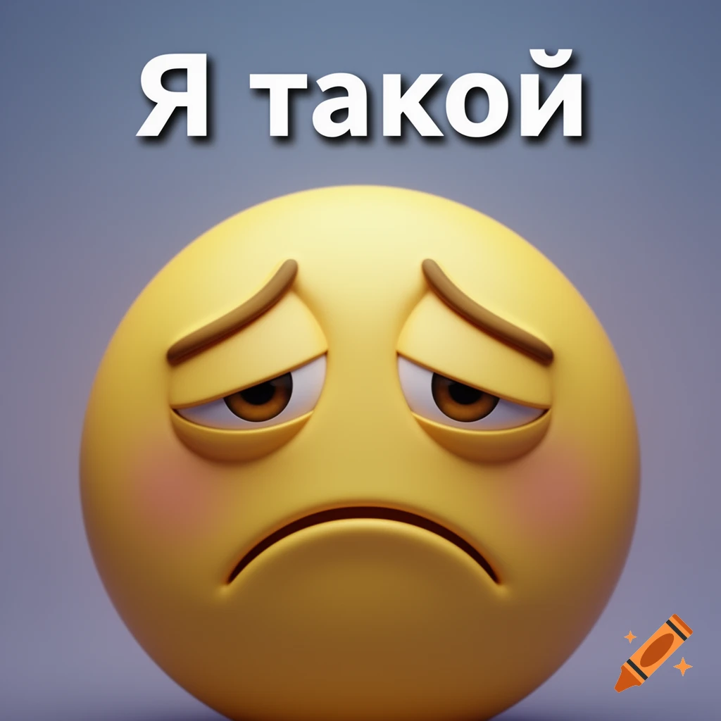 A 3D rendering of a sad yellow emoji with downturned eyes and mouth, with the Russian text "Я такой" (I am like this) above it.