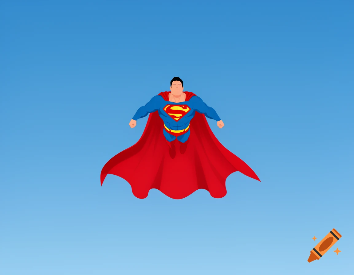 A minimalist illustration of Superman flying, wearing a blue suit and a long red cape against a blue sky.