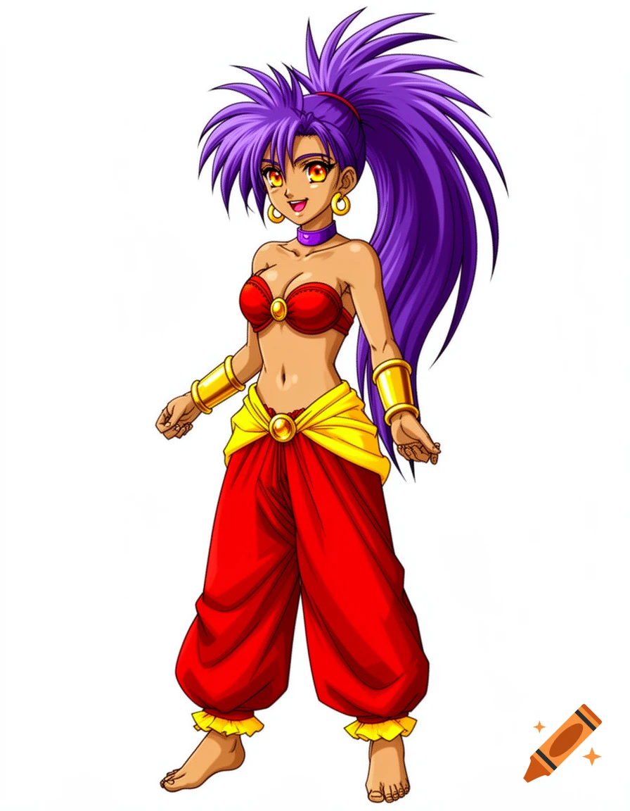 A vibrant anime illustration of a tan-skinned woman with spiky purple hair in a red crop top, yellow sash, and red harem pants, smiling confidently on a white background.