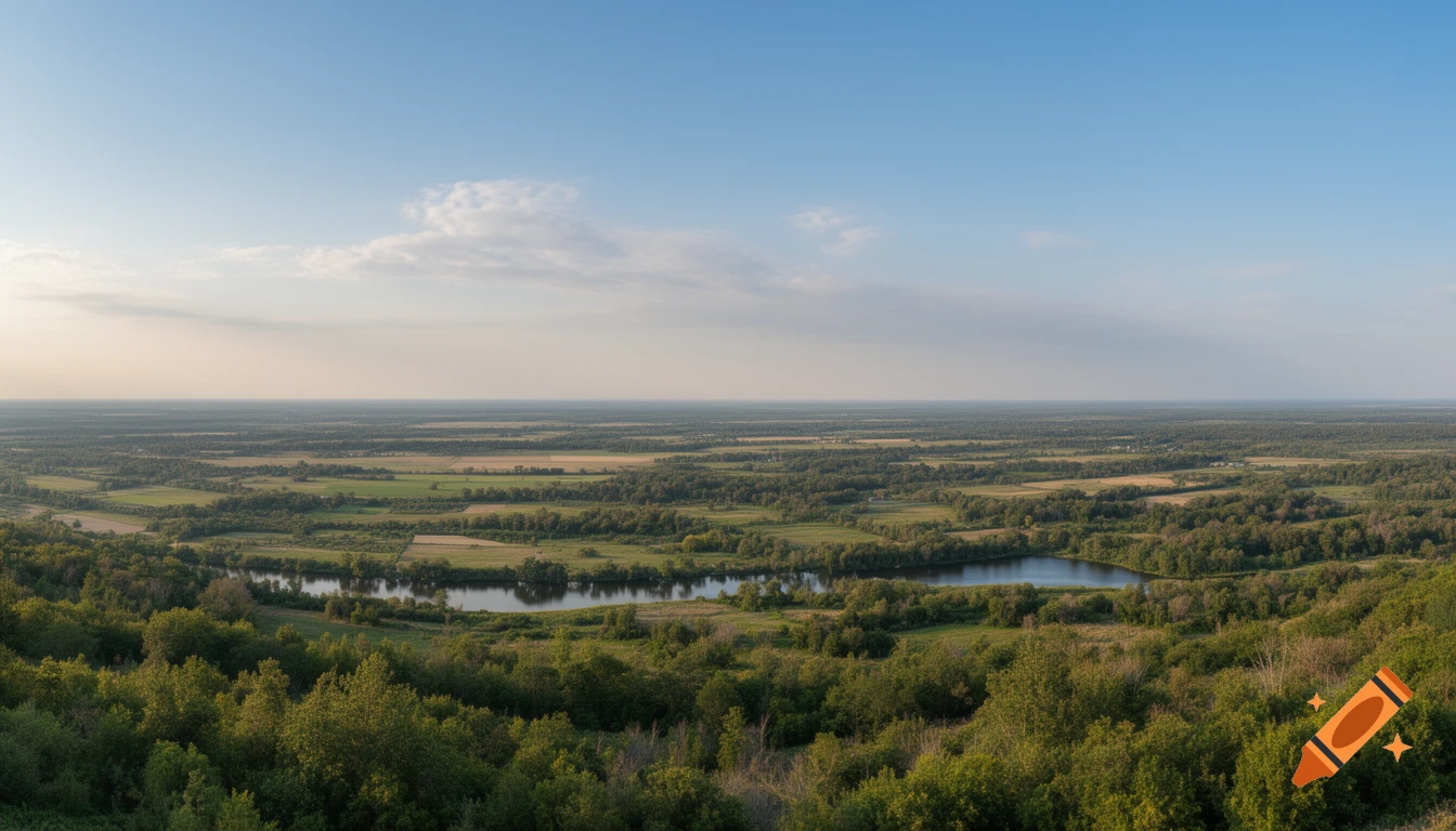 A panoramic view of a lush green valley with a winding river, agricultural fields, and dense forests under a clear blue sky.