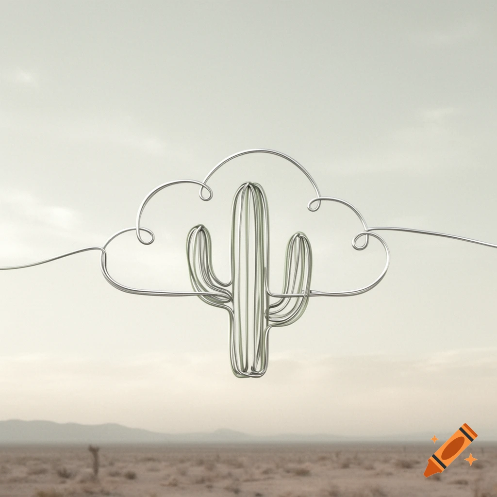 A stylized cactus made of silver wire, also forming a cloud shape, floats above a barren desert landscape.