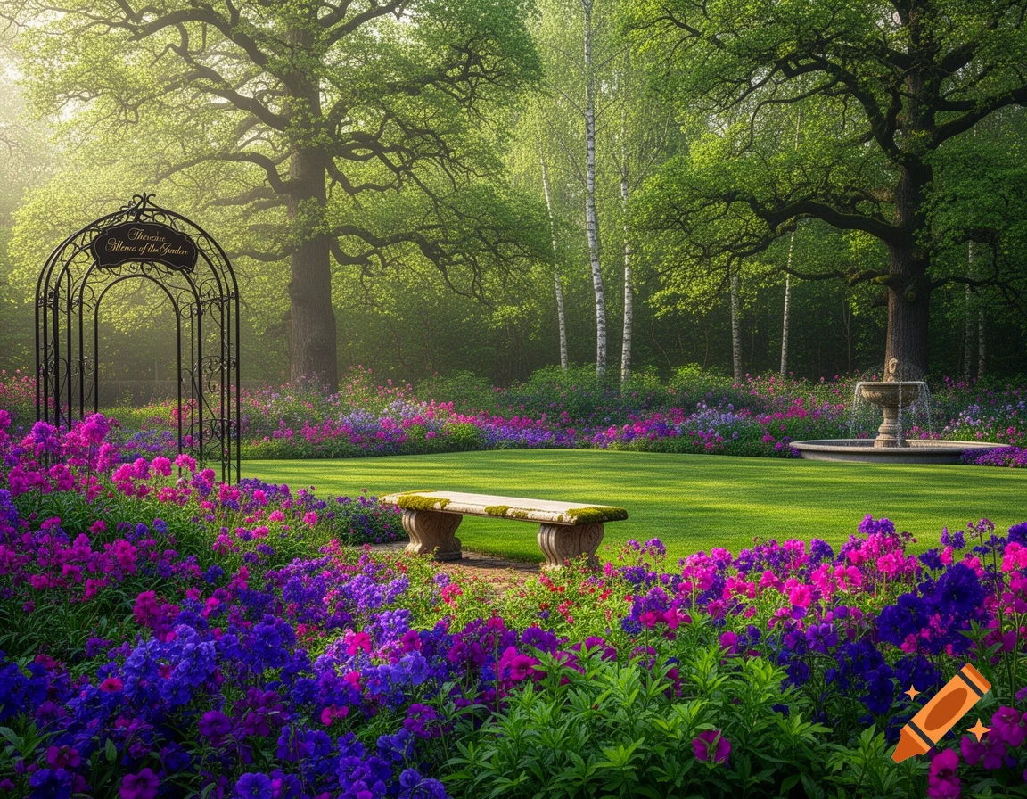 A lush, serene garden with a metal archway, stone bench, and fountain, surrounded by vibrant purple and pink flowers under soft morning light.