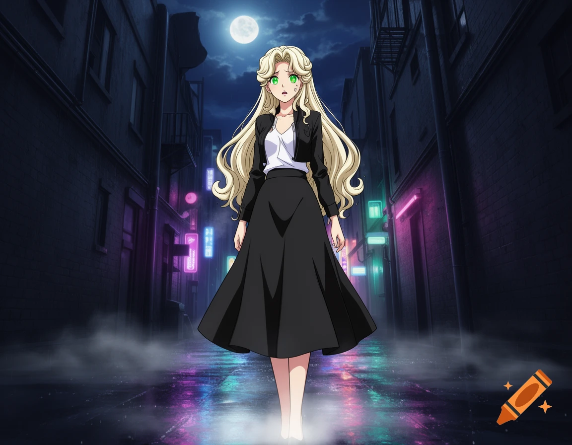 Anime woman with long blonde hair and green eyes, wearing a black jacket and skirt, stands in a misty, dark city alley under a full moon, with neon reflections on the wet street.