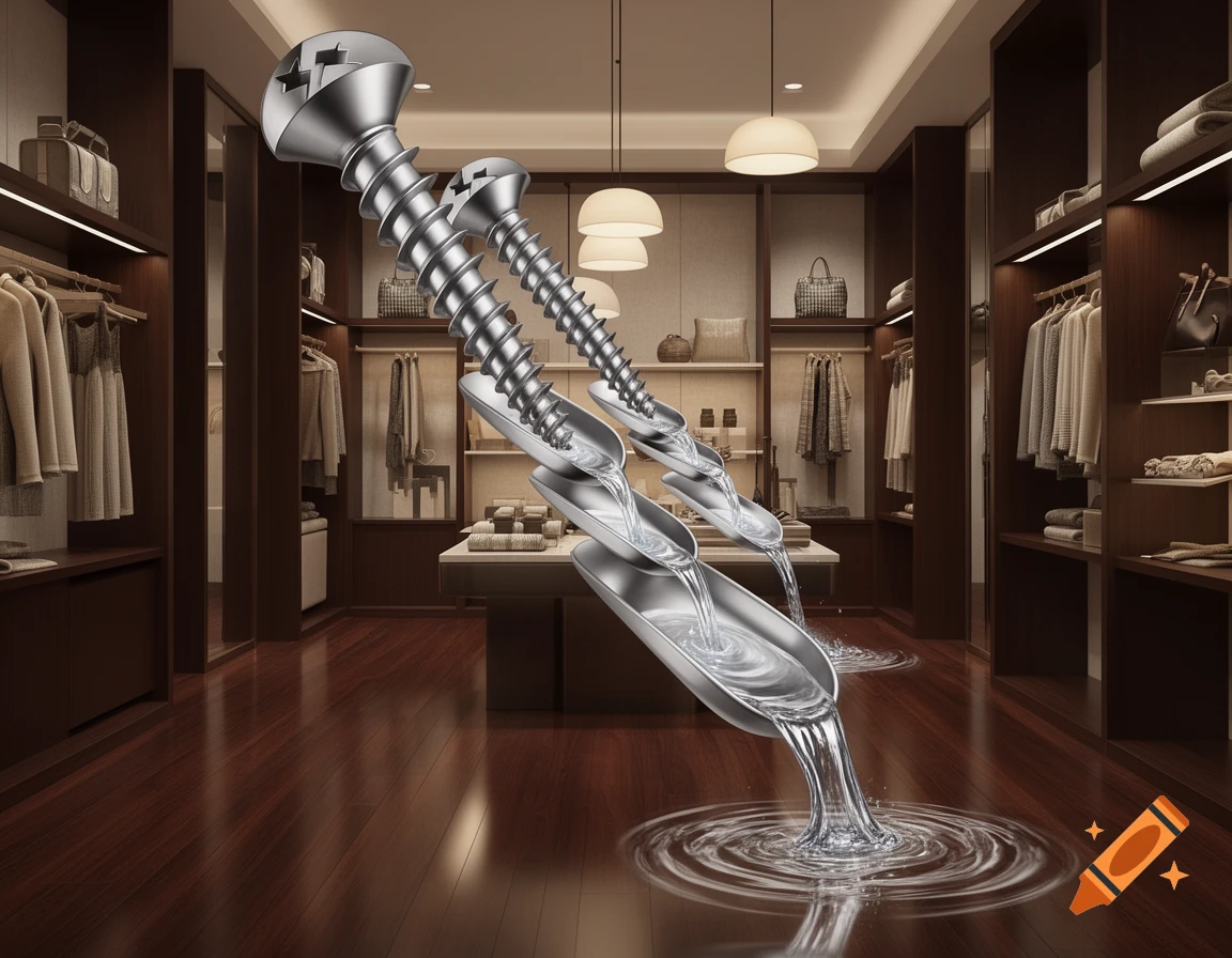 Five large, metallic screws are sliced horizontally, forming a cascade of troughs from which water pours onto a glossy wooden floor in a luxurious walk-in closet.