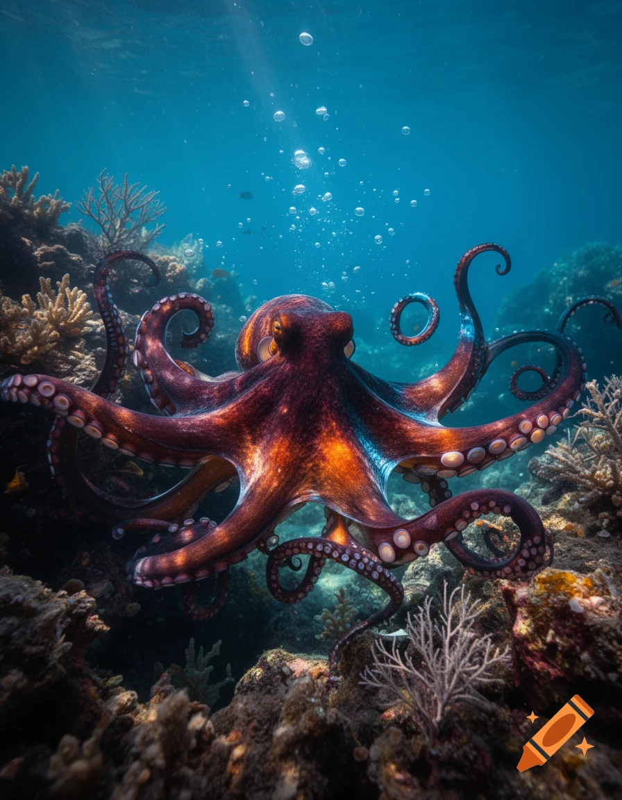 A vibrant red and orange octopus swims amidst a coral reef in clear blue ocean water, with bubbles rising to the surface.