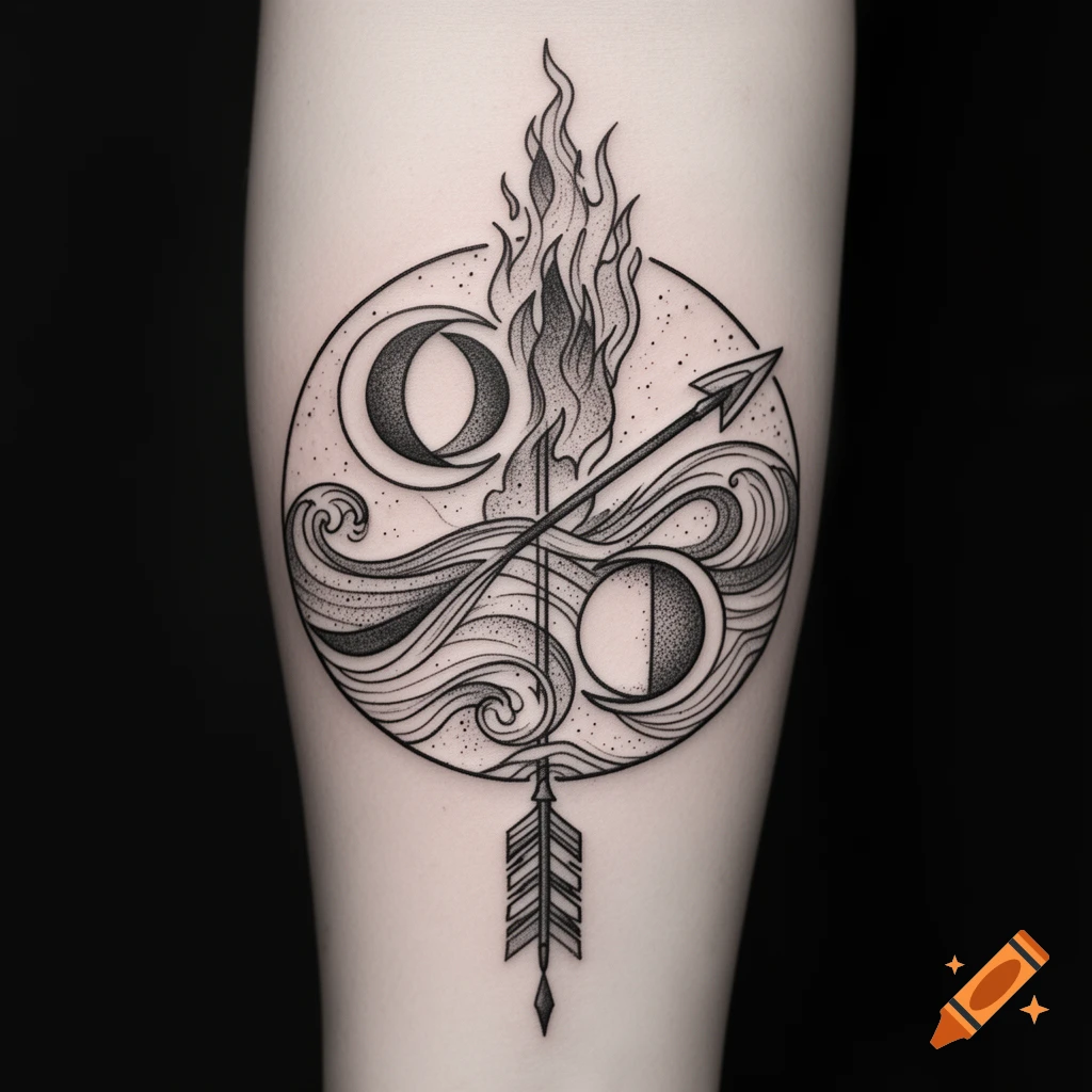 Black and white symbolic tattoo on an arm, featuring fire, waves, moons, and an arrow within a circular design.
