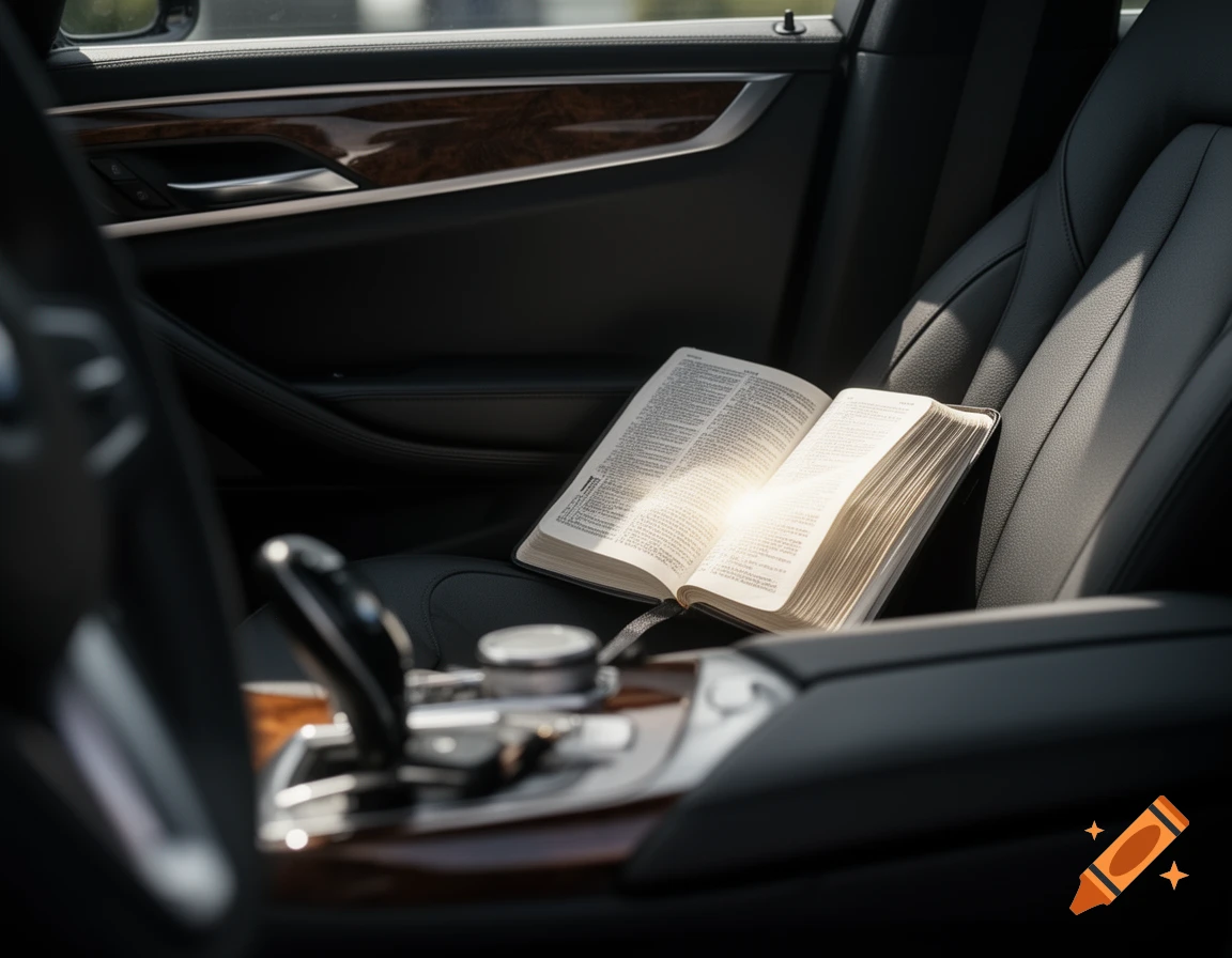An open Bible rests on a black leather car passenger seat, illuminated by a bright sunbeam through the window in a photorealistic style.