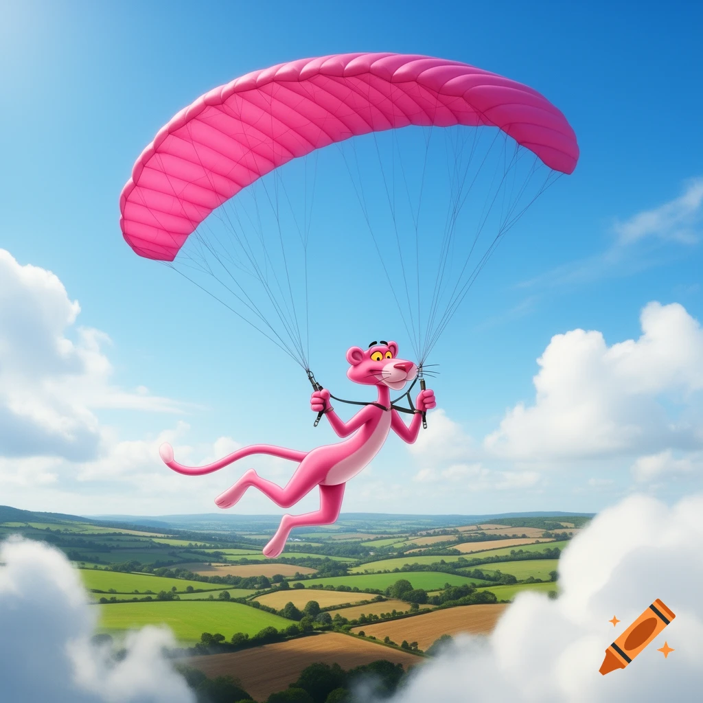 The Pink Panther parasailing with a pink parachute over a green and brown patchwork landscape under a blue sky.