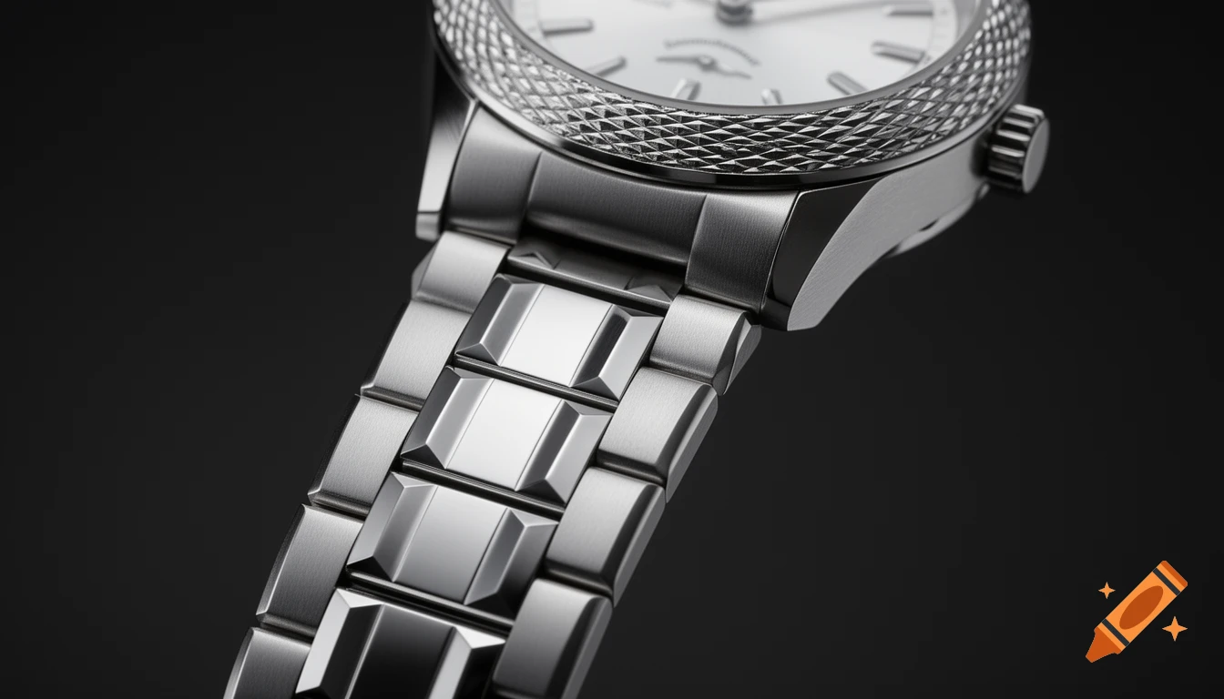 Close-up, angled view of a silver stainless steel watch with a textured bezel and multi-link bracelet.