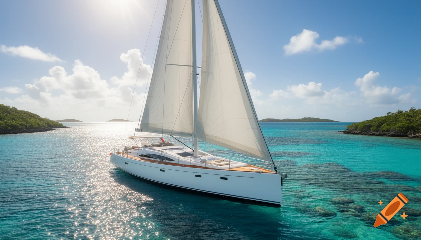 A white sailing yacht glides across clear turquoise water near lush green islands under a sunny blue sky.