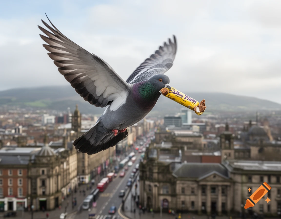 A photorealistic pigeon flies high over a city, carrying a Cadbury Flake chocolate bar in its beak.