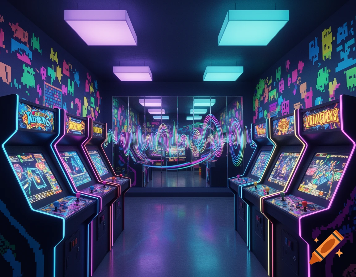 A retro-futuristic arcade room with rows of neon-lit arcade machines, pixel art on walls, and a vibrant soundwave light installation.