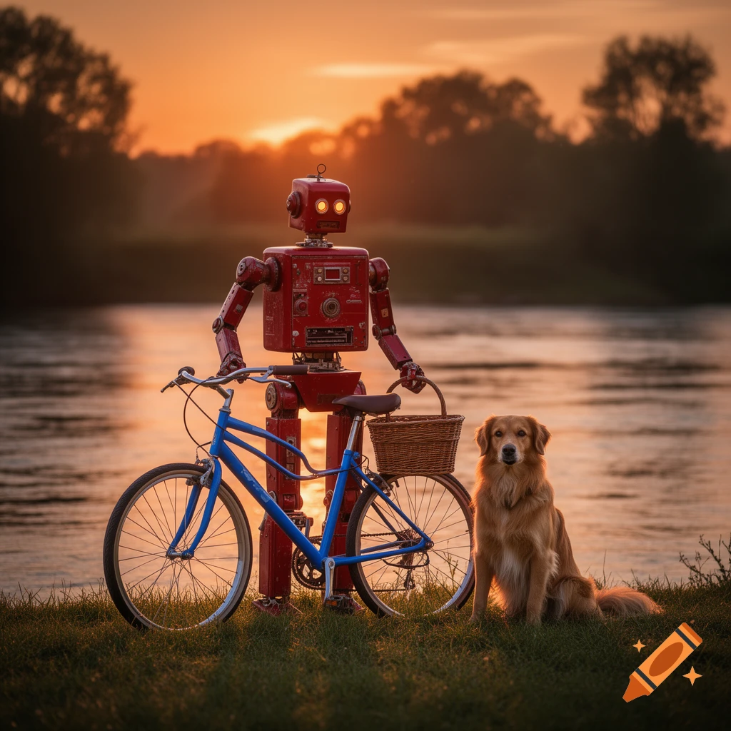 A red robot, blue bicycle, and a golden retriever sit together on a grassy bank beside a river at a golden sunset in a photorealistic style.