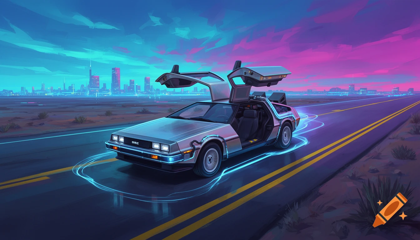A futuristic DeLorean car with open gull-wing doors, glowing with neon blue lines, on a desert highway at sunset. A vibrant cyberpunk cityscape glows in the distance.