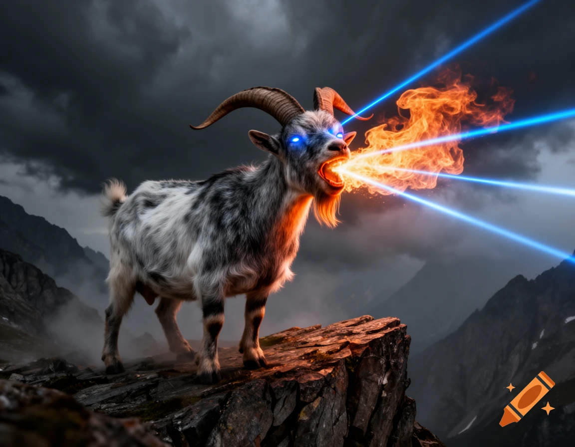 A powerful goat with glowing blue eyes stands on a rocky mountain, breathing fire and shooting blue lasers from its eyes against a dramatic stormy sky.