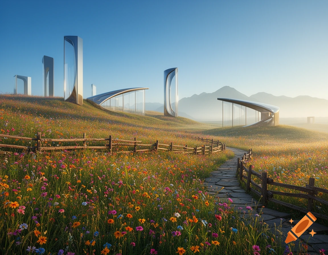 A stone path winds through a field of colorful wildflowers, past a wooden fence, towards sleek futuristic buildings on rolling hills.