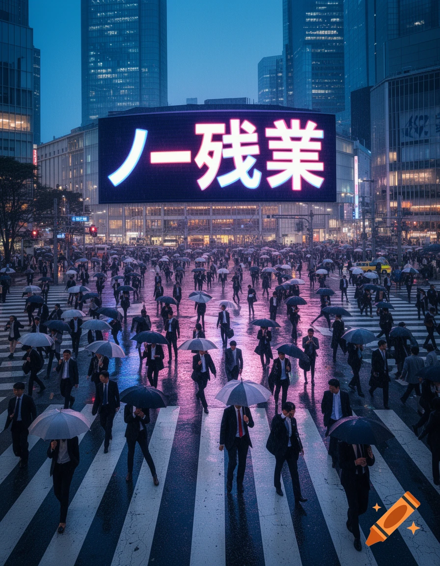 A large crowd of people with umbrellas crosses a wet city street at night, overlooked by a huge illuminated billboard displaying "ノー残業".