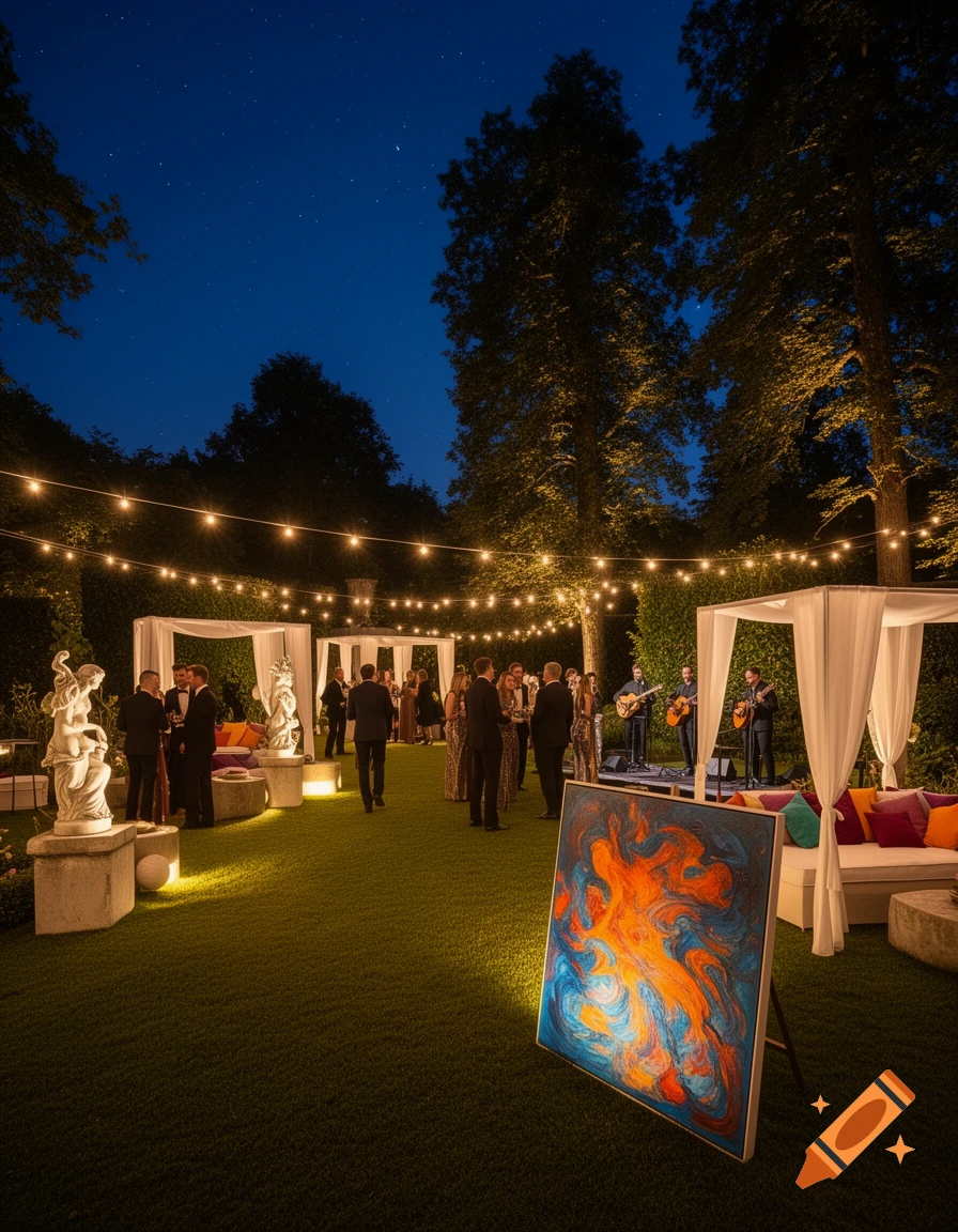 An elegant outdoor night party in a garden, with guests, string lights, white canopies, and a vibrant abstract painting on an easel.