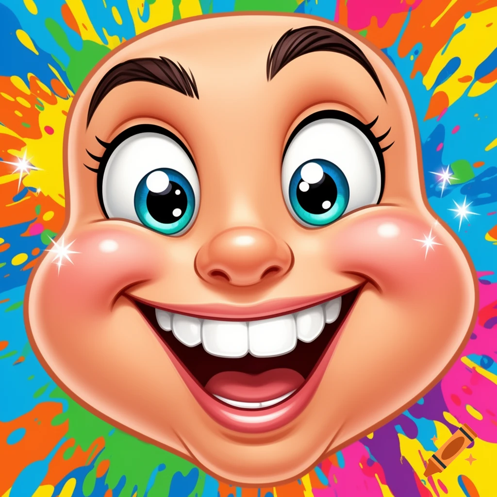 A happy bald cartoon face with wide eyes, a big smile, rosy cheeks, set against a vibrant, colorful paint splatter background.