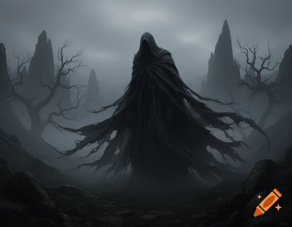 A shadowy, hooded figure with a flowing, tattered cloak stands in a misty, dark fantasy landscape with jagged rock formations and gnarled, bare trees.