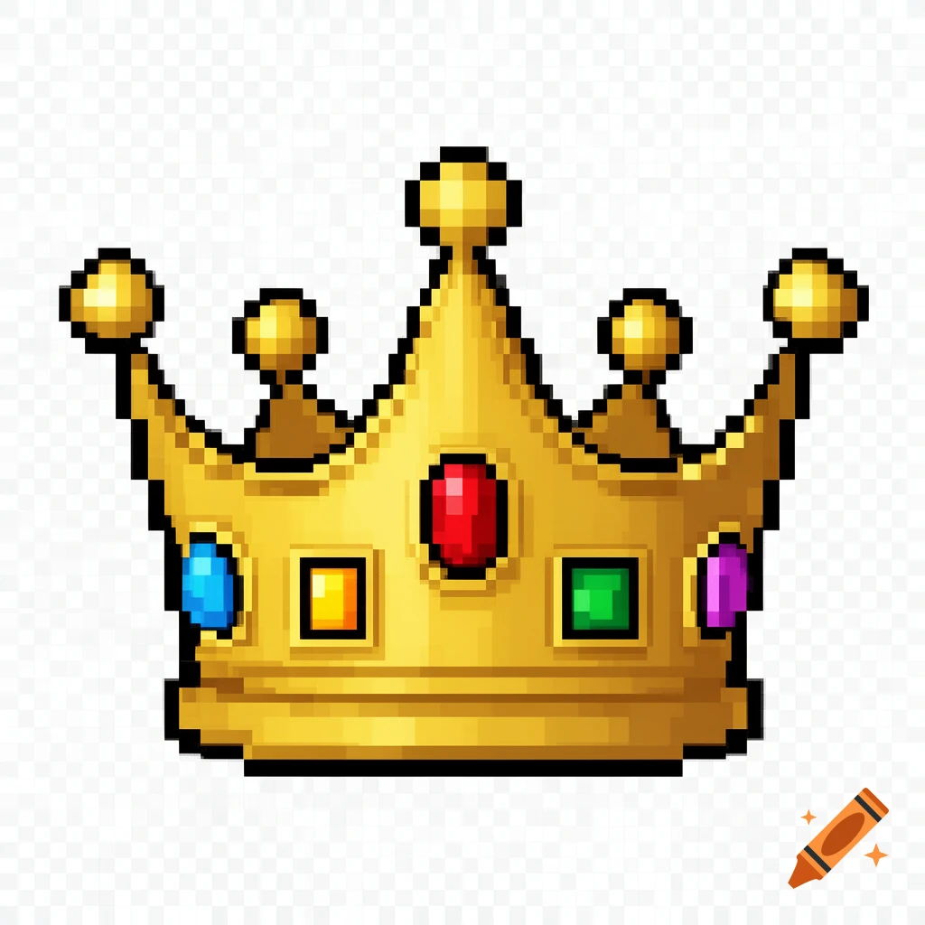 A gold pixel art crown adorned with colorful red, blue, green, orange, and purple gems, on a transparent background.