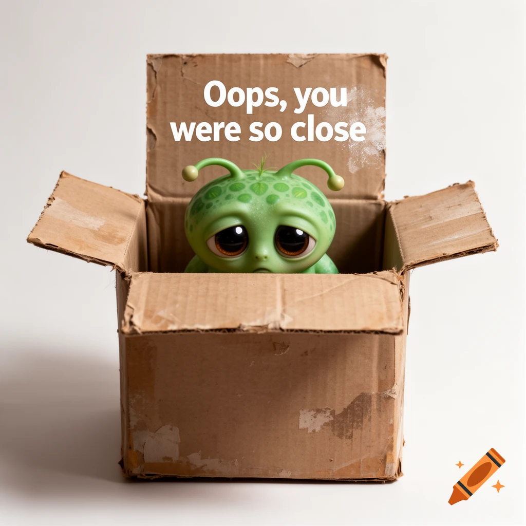 A cute, sad green alien with big eyes sits inside a cardboard box. The box flap above it reads, 'Oops, you were so close'.