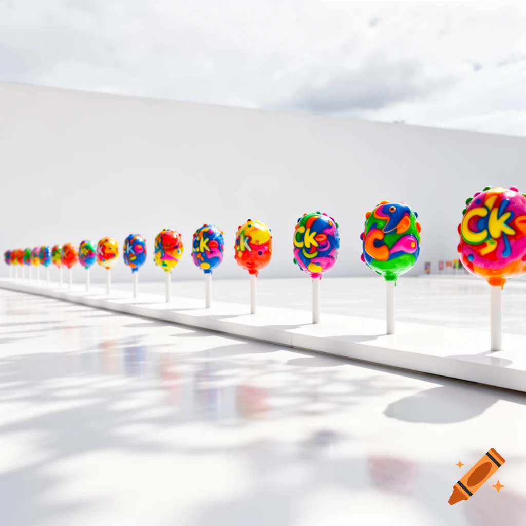 A row of colorful, spherical lollipops with abstract letters "CK" and designs, standing on white sticks on a white platform outdoors under a cloudy sky.