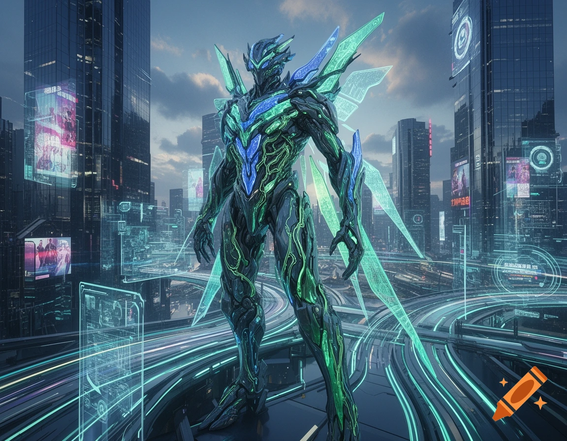 A large, green and blue glowing mecha stands in a futuristic city with holographic displays and neon-lit elevated highways at dusk.