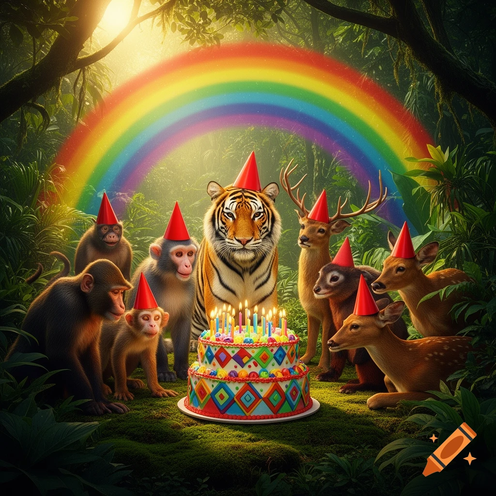 Jungle animals wearing red party hats gather around a colorful birthday cake with lit candles under a rainbow in a sunny forest.