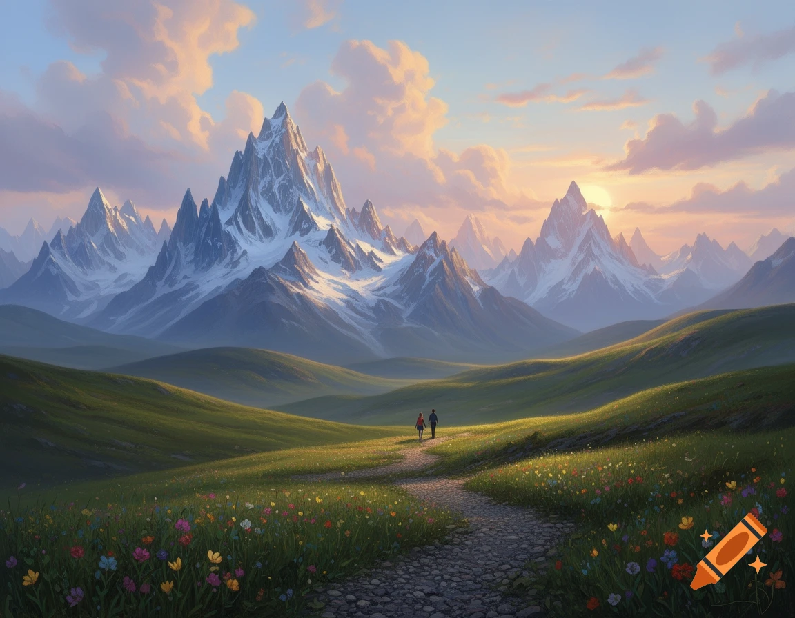 Two small figures walk on a winding path through green hills and wildflowers towards majestic snow-capped mountains under a sunset sky.