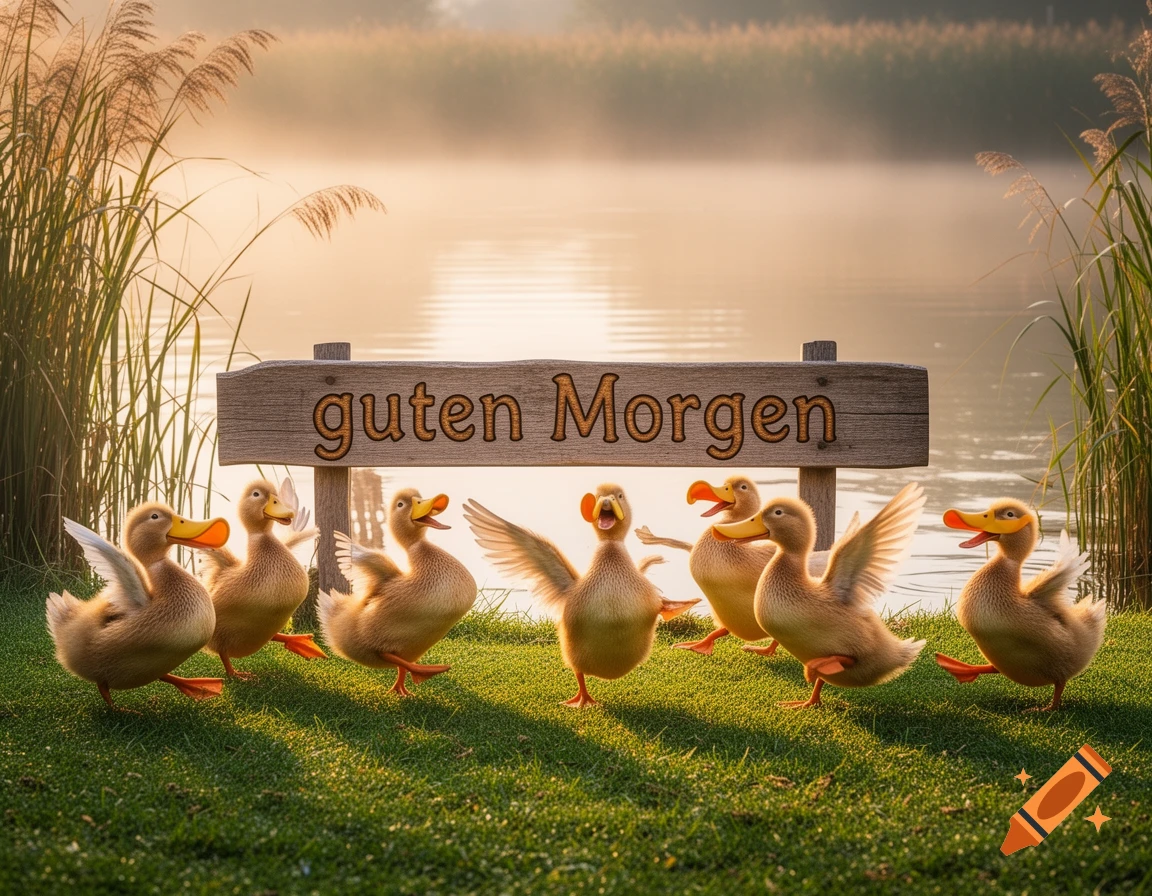 Seven fluffy ducklings dance on grass in front of a sign reading 'guten Morgen' by a misty lake at sunrise.