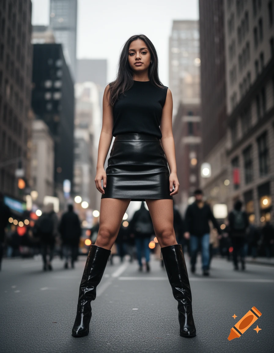 Confident young woman in black top, leather miniskirt, and tall black boots stands in a city street, looking at camera from a low angle.