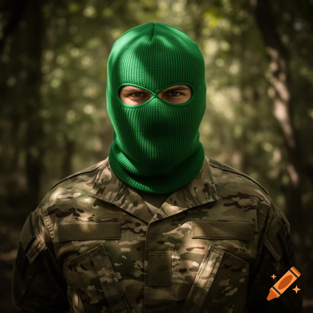 A person in a bright green balaclava and camouflage uniform stands in a forest, looking directly at the viewer.