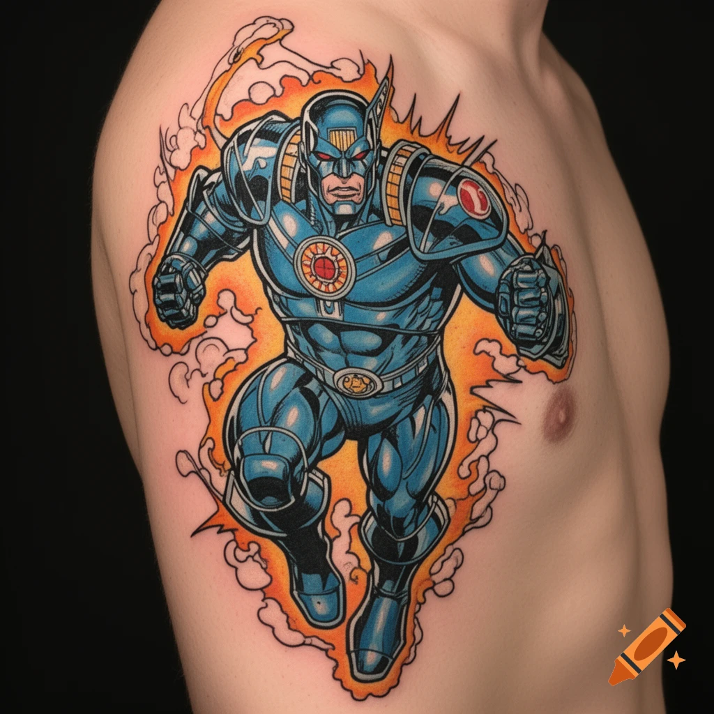 Comic art tattoo of a superhero in blue and metallic armor with a fiery aura on a person's shoulder.