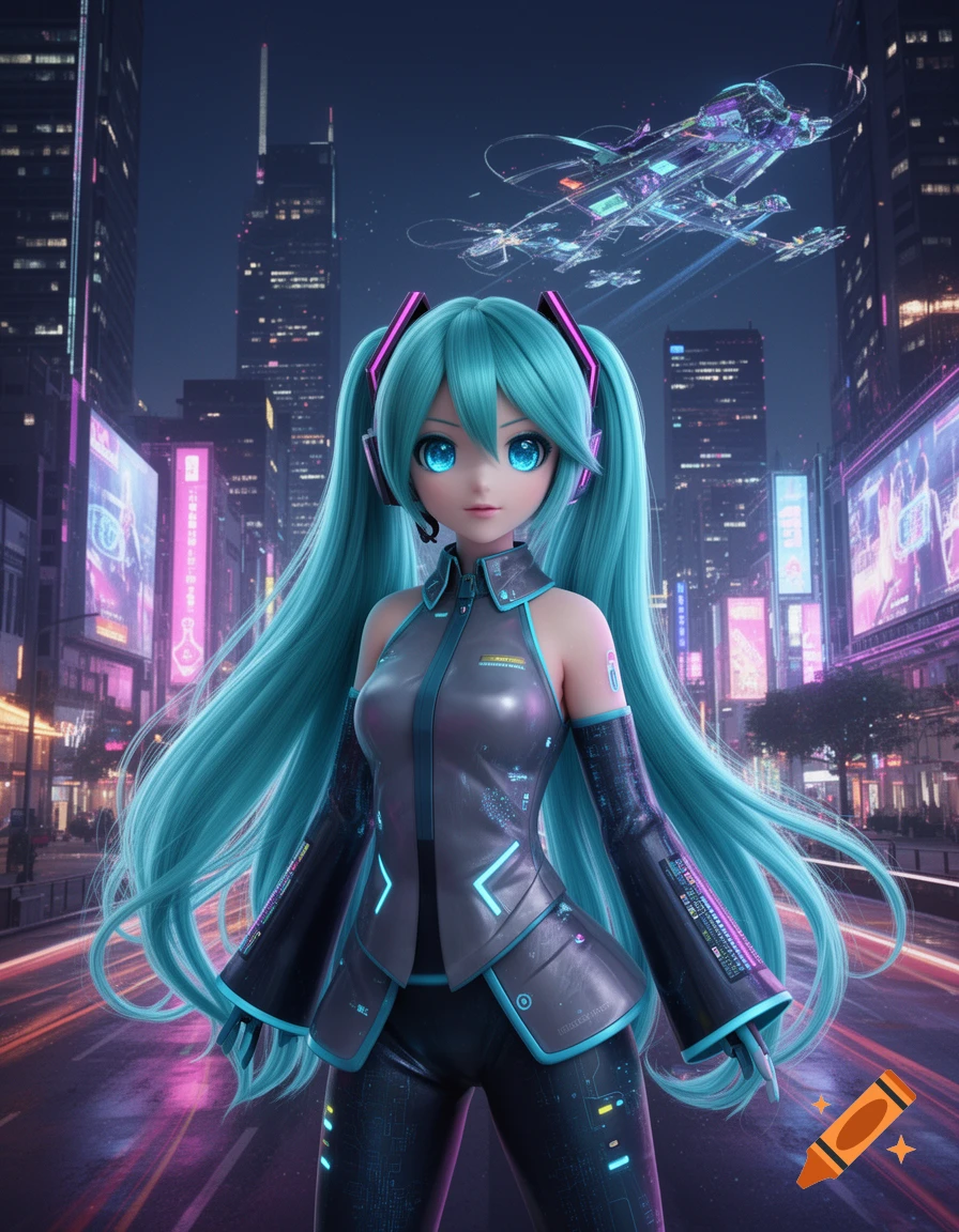 An anime character resembling Hatsune Miku stands in a futuristic city at night, with neon lights and flying vehicles.