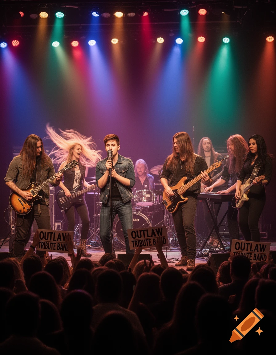 A photorealistic image of a rock band performing live on stage under colorful spotlights, with a crowd visible in the foreground.