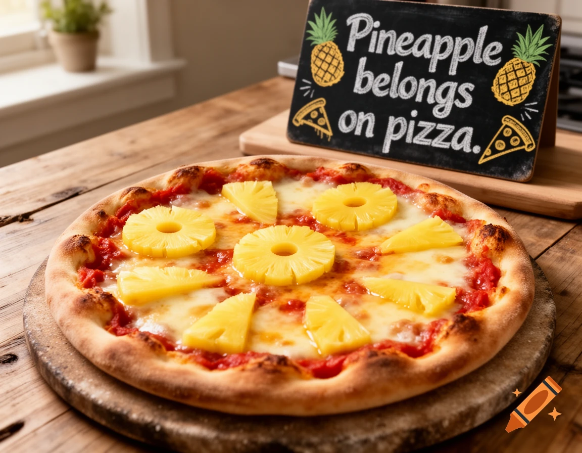 A photorealistic pineapple pizza on a wooden board, with a sign stating "Pineapple belongs on pizza." in the background.
