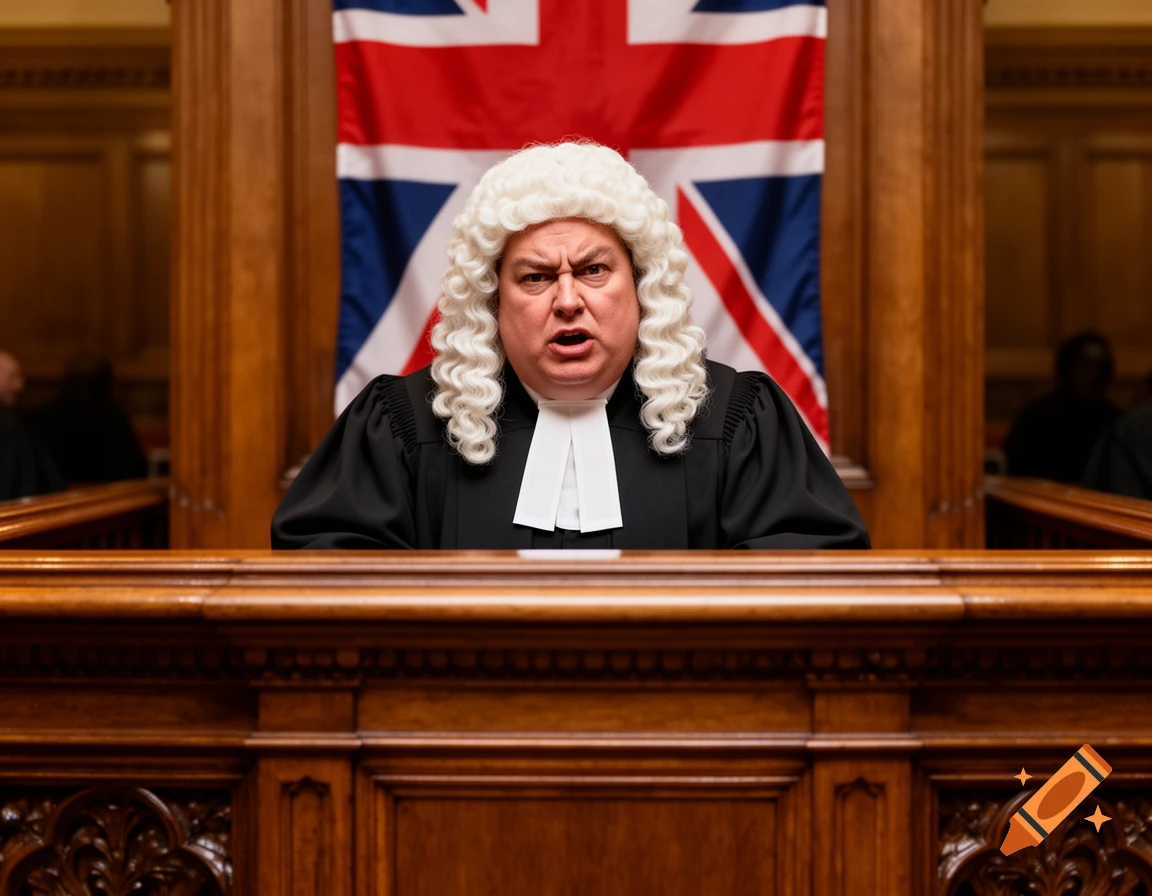 A photorealistic portrait of an angry British judge in a courtroom, wearing a wig and robes, with a Union Jack flag in the background.