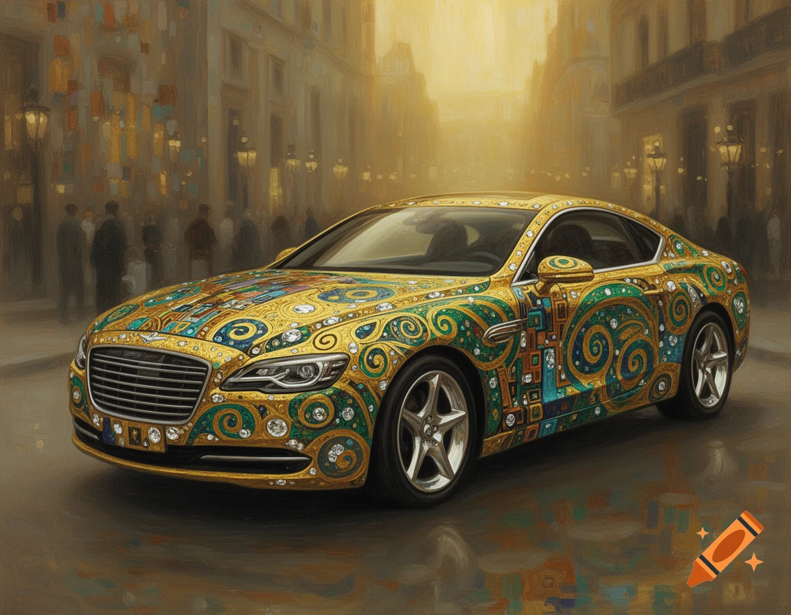 A luxury car custom painted in gold and green with intricate Klimt-style patterns and jewels, parked on a hazy city street.
