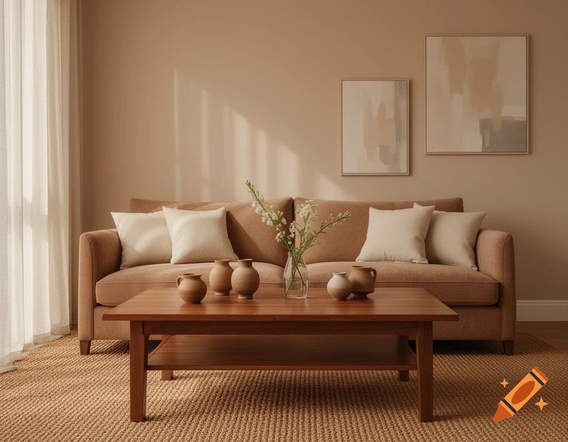 Warm, neutral-toned living room with a brown couch, wooden coffee table, vases, and abstract wall art.