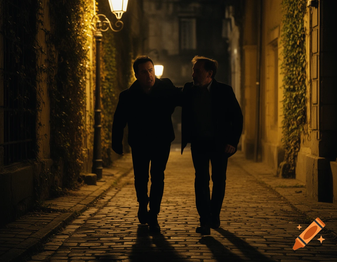 Two men walk down a narrow, cobblestone alley at night, lit by an old-fashioned streetlight. One man has an arm around the other in a photorealistic style.