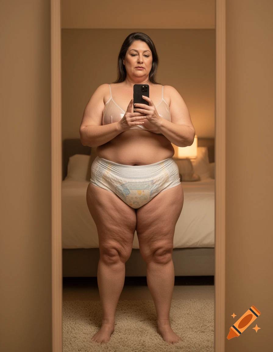 A middle-aged woman in a bra and diaper takes a full-body mirror selfie in a bedroom.