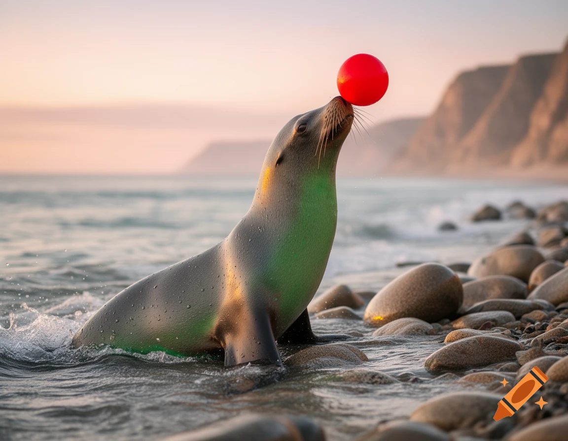 A gray and green seal balances a red ball on its nose while wading in the water at a rocky beach during sunset.