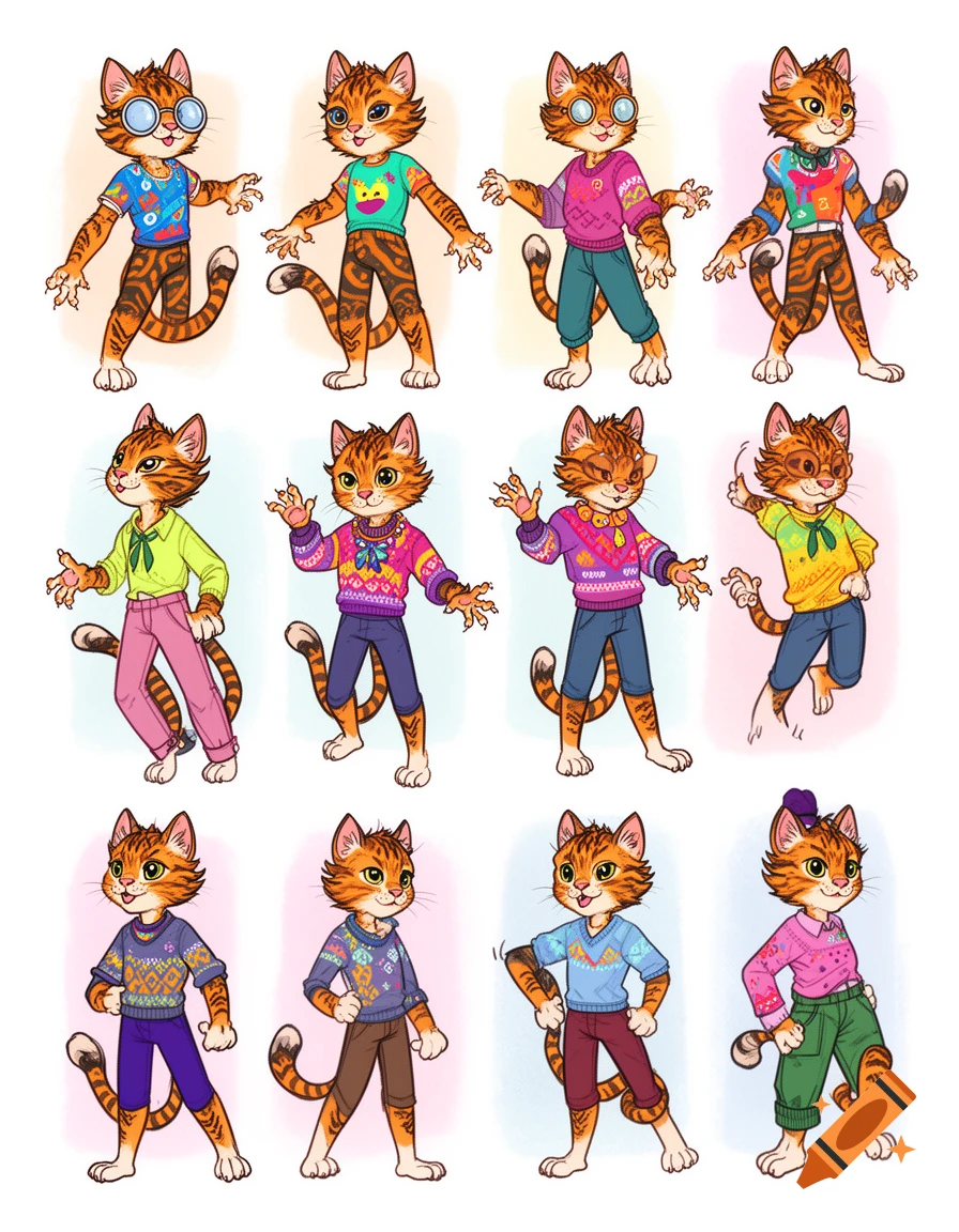 A character sheet of 12 anthropomorphic orange tabby cats standing in different colorful casual clothes, some with glasses, in a cartoon style.