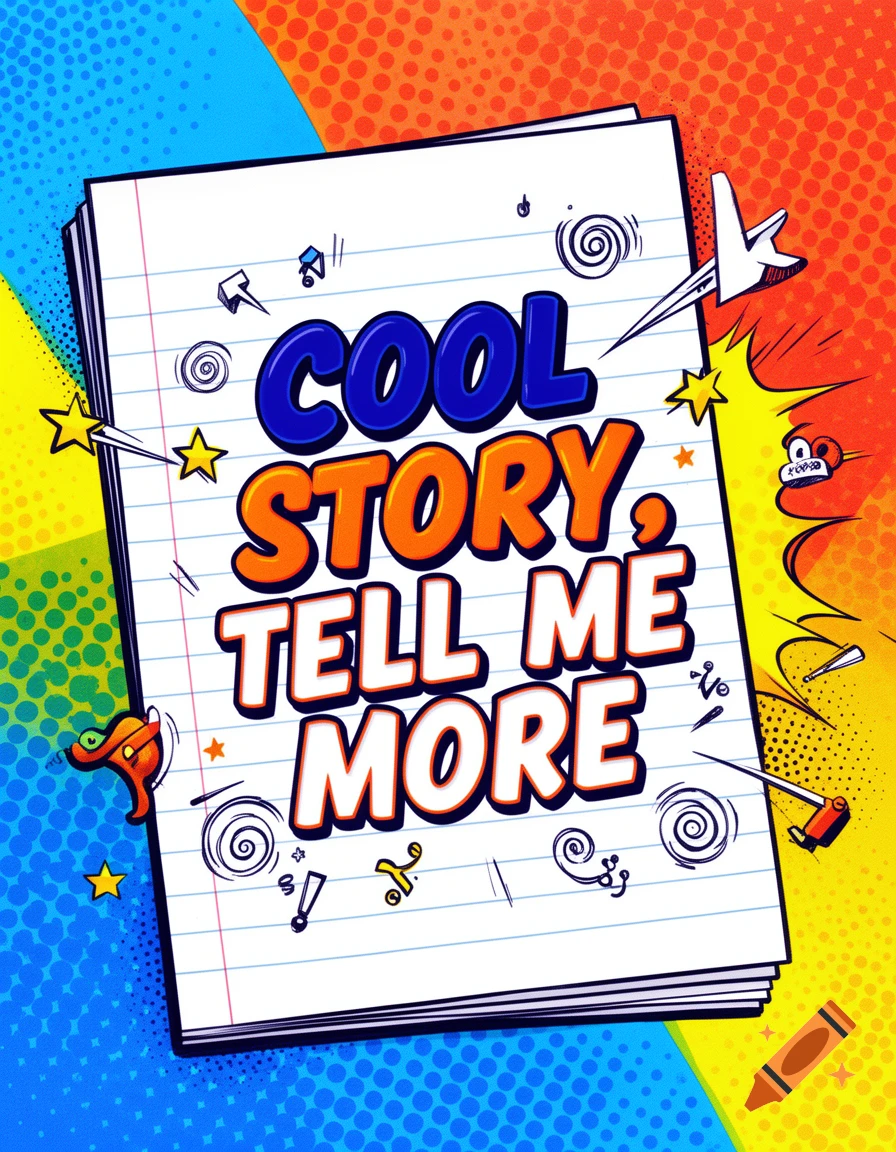 Bold 'Cool Story, Tell Me More' text on a lined notebook page, comic book style with bright pop art colors and halftone dots.